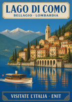 Bellagio — Lake Como art print: bellagio waterfront with bell tower, arcades and cypresses, a vintage steam launch on the water and snow-capped Alps behind; deep blue lake, cream and ochre buildings
