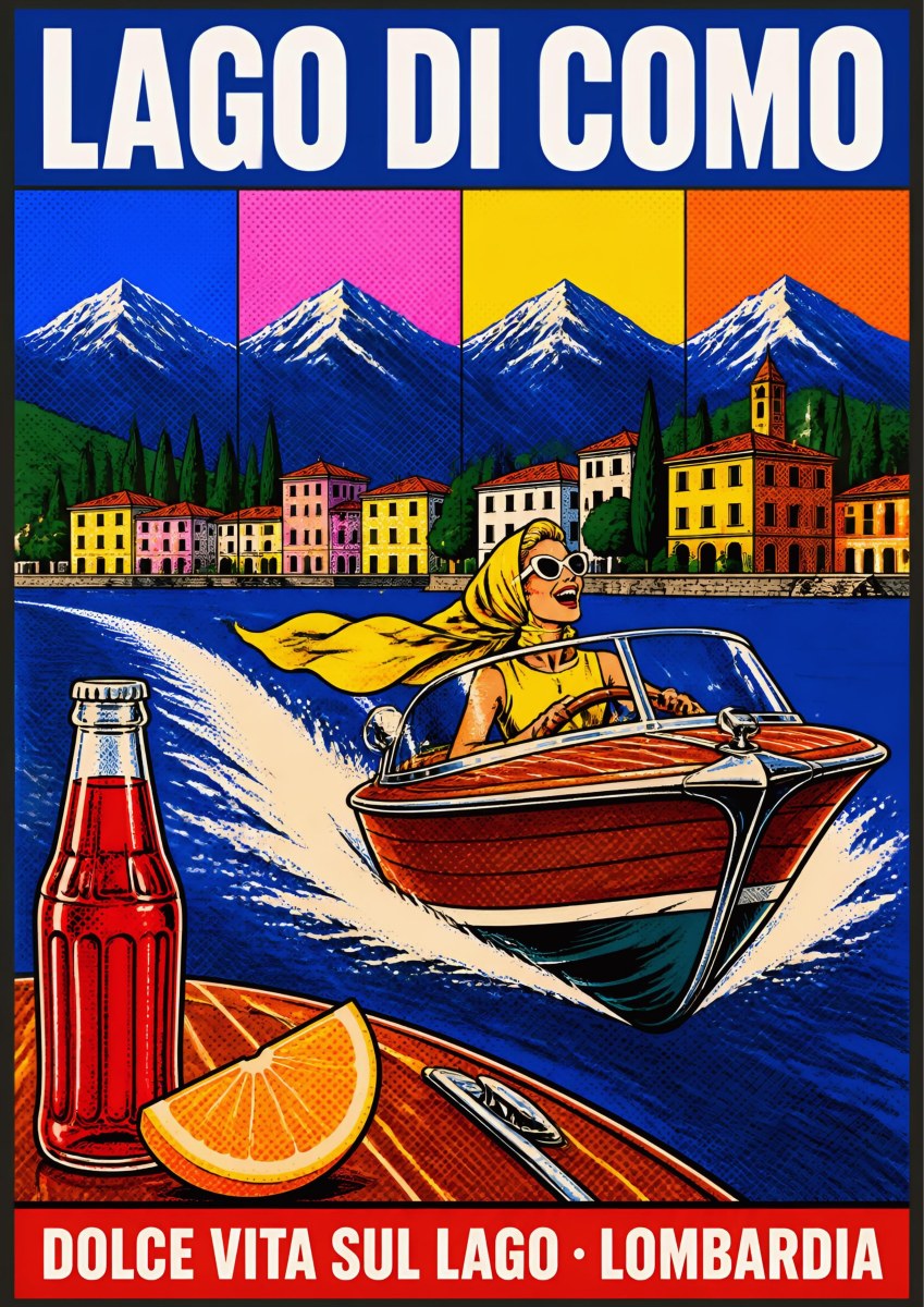 Dolce Vita Sul Lago — Lake Como art print: pop-art blonde in sunglasses driving a wooden speedboat past lakeside villas, with a spritz bottle and orange slice; blue, pink, yellow and orange blocks
