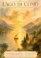 Grand Tour 1819 — Lake Como art print: turner-style watercolour of the lake at golden sunset with a lateen-sailed boat and a hillside villa; amber, gold and soft green