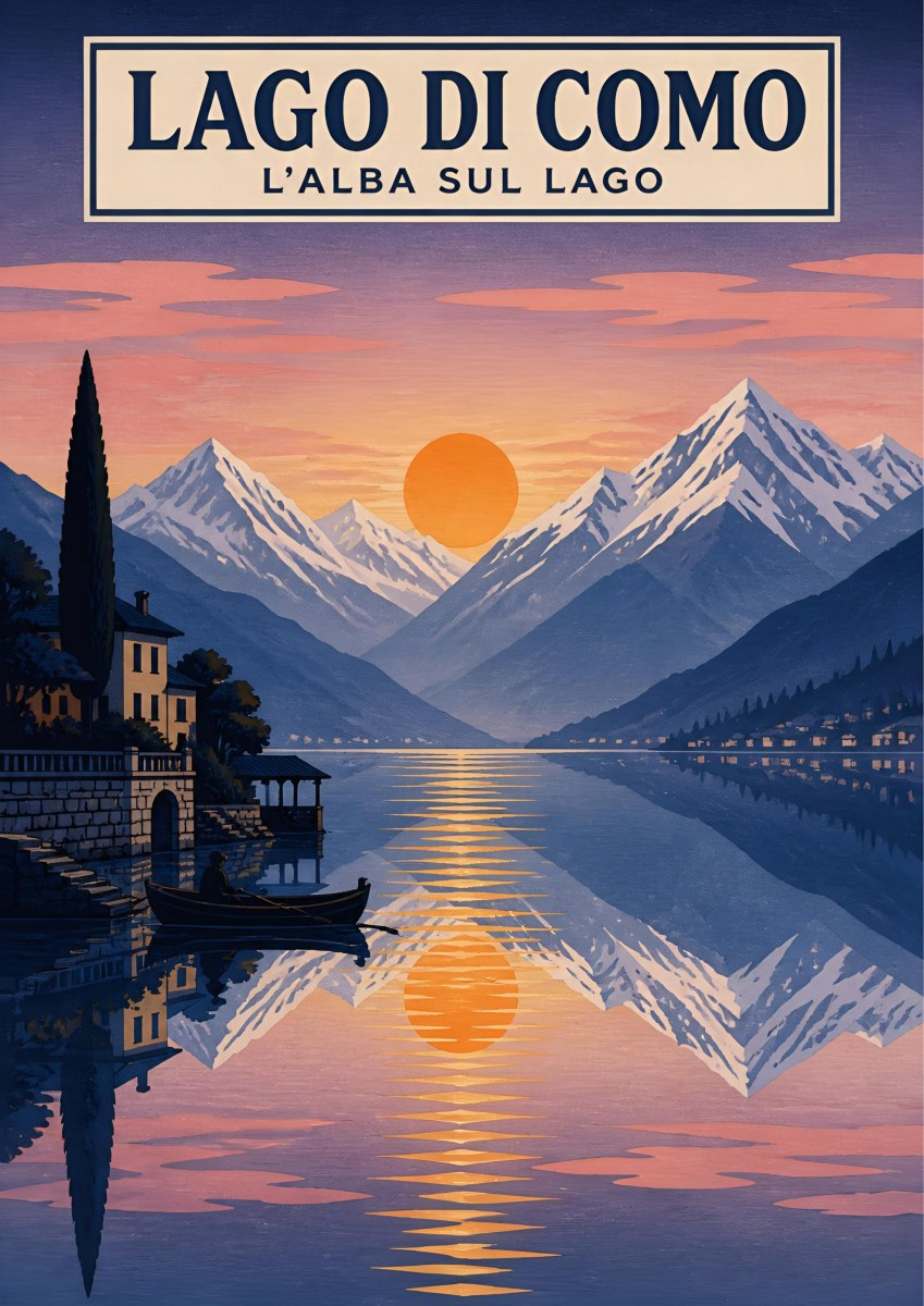 L'Alba Sul Lago — Lake Como art print: sunrise over a mirror-calm lake ringed by snowy peaks with a lone rower by a villa; lilac, dusty blue and orange
