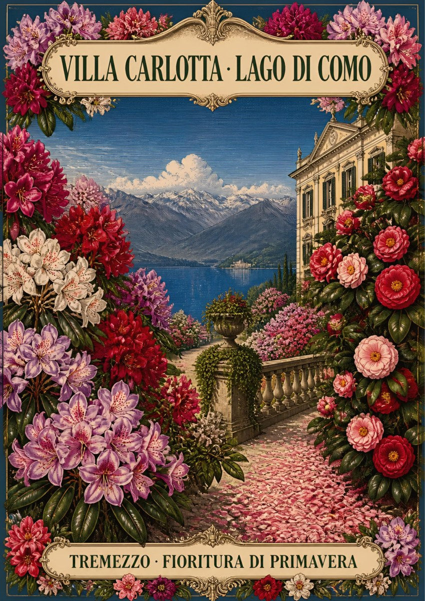 Villa Carlotta — Lake Como art print: villa Carlotta gardens in spring bloom, a petal-strewn path and urn framed by rhododendrons and camellias above the lake; pinks, crimson and deep green