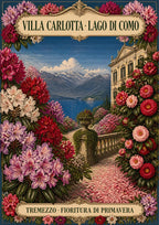 Villa Carlotta — Lake Como art print: villa Carlotta gardens in spring bloom, a petal-strewn path and urn framed by rhododendrons and camellias above the lake; pinks, crimson and deep green