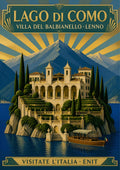 Villa Del Balbianello — Lake Como art print: villa del Balbianello on its wooded promontory with terraced gardens and a wooden launch, mountains behind a gold sunburst; teal, cream and gold