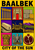 Bekaa Icons — Baalbek art print: a nine-panel icon grid on a bright yellow ground with bold black outlines, showing the temple colonnade, the ornate temple doorway, megalithic stone blocks, the Stone of the Pregnant Woman, a lit festival stage, vineyards below purple mountains, a Corinthian capital, an eagle and a halved pomegranate
