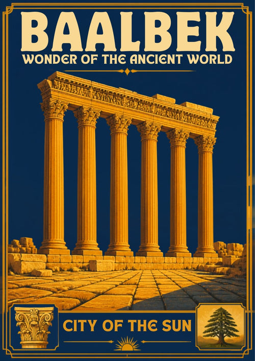 Columns of Jupiter — Baalbek art print: the six surviving Corinthian columns of the Temple of Jupiter rendered in warm gold against a deep navy sky, standing on the great stone terrace, with a small Corinthian capital panel and a cedar tree emblem in the lower corners