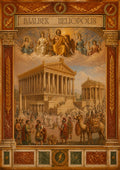 Heliopolis — Baalbek art print: a classical academic-style scene of Roman Heliopolis at its height: the complete temple complex above a busy marketplace of merchants, soldiers and camels, with Jupiter and the gods enthroned in the clouds overhead, framed in a marbled architectural border