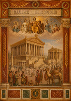 Heliopolis — Baalbek art print: a classical academic-style scene of Roman Heliopolis at its height: the complete temple complex above a busy marketplace of merchants, soldiers and camels, with Jupiter and the gods enthroned in the clouds overhead, framed in a marbled architectural border