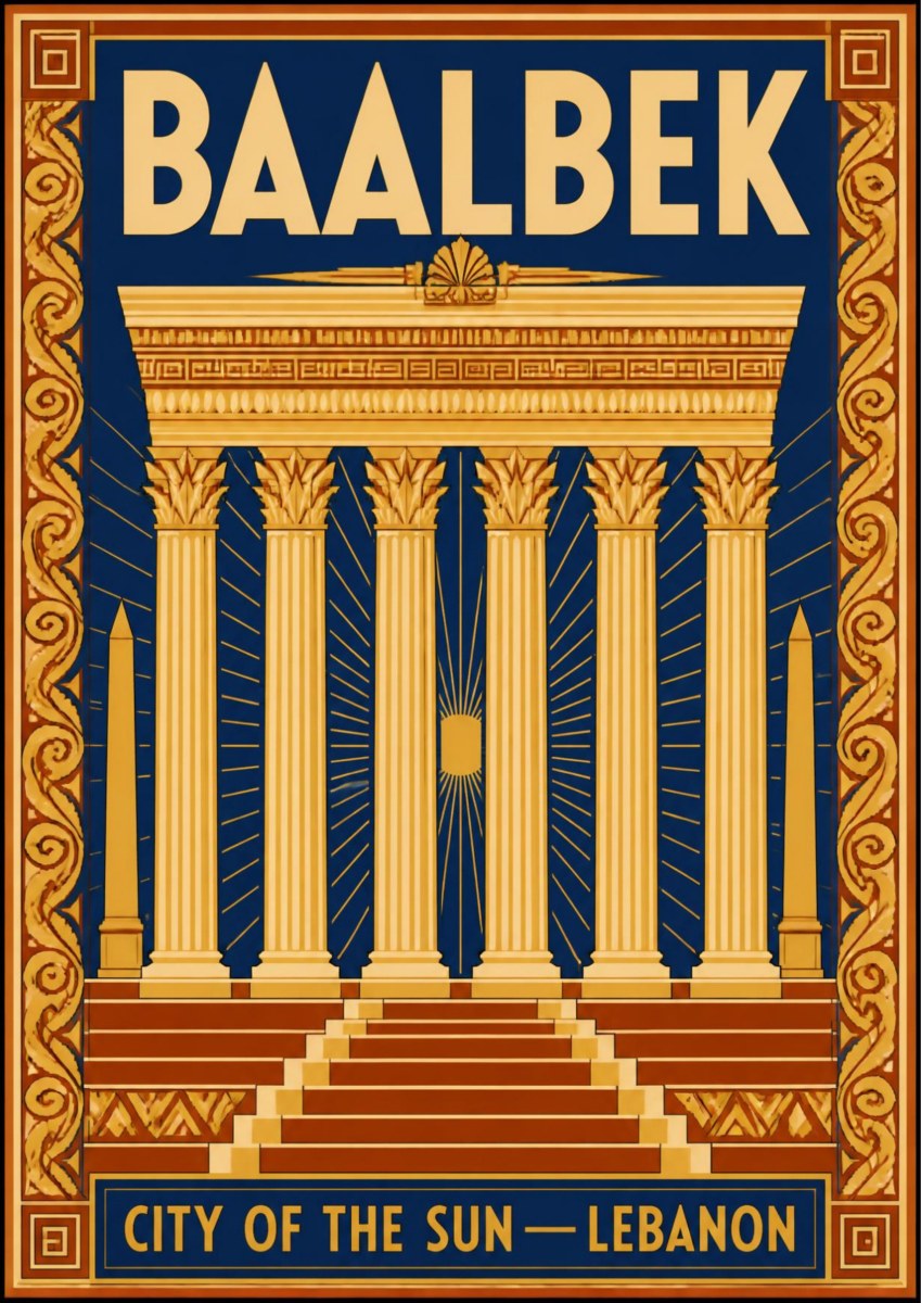 Madinat al-Shams — Baalbek art print: a flat Art Deco treatment of the temple facade in cream and gold, with radiating sun-ray lines behind the columns, a small sun disc at the centre, deep red steps and a patterned border on midnight blue