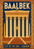 Madinat al-Shams — Baalbek art print: a flat Art Deco treatment of the temple facade in cream and gold, with radiating sun-ray lines behind the columns, a small sun disc at the centre, deep red steps and a patterned border on midnight blue