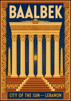 Madinat al-Shams — Baalbek art print: a flat Art Deco treatment of the temple facade in cream and gold, with radiating sun-ray lines behind the columns, a small sun disc at the centre, deep red steps and a patterned border on midnight blue