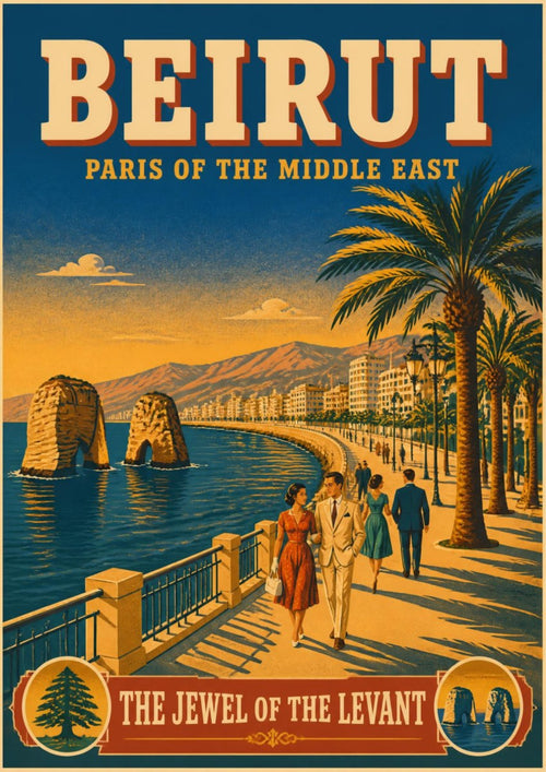 Al Kornish — Beirut art print: vintage travel poster of the seafront Corniche promenade with palm trees, mid-century strollers, the city skyline and the Pigeon Rocks rising from a blue sea