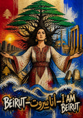 Bint al Arz — Beirut art print: expressive mixed-media portrait of a woman in an embroidered traditional dress with arms outstretched, a cedar tree crowning her head, the city, ruins and Pigeon Rocks behind, and hand-lettered Arabic and English text