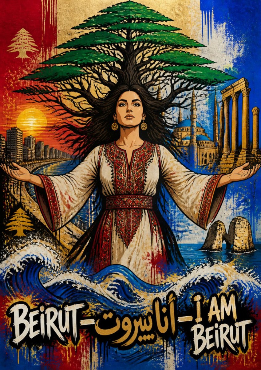 Bint al Arz — Beirut art print: expressive mixed-media portrait of a woman in an embroidered traditional dress with arms outstretched, a cedar tree crowning her head, the city, ruins and Pigeon Rocks behind, and hand-lettered Arabic and English text