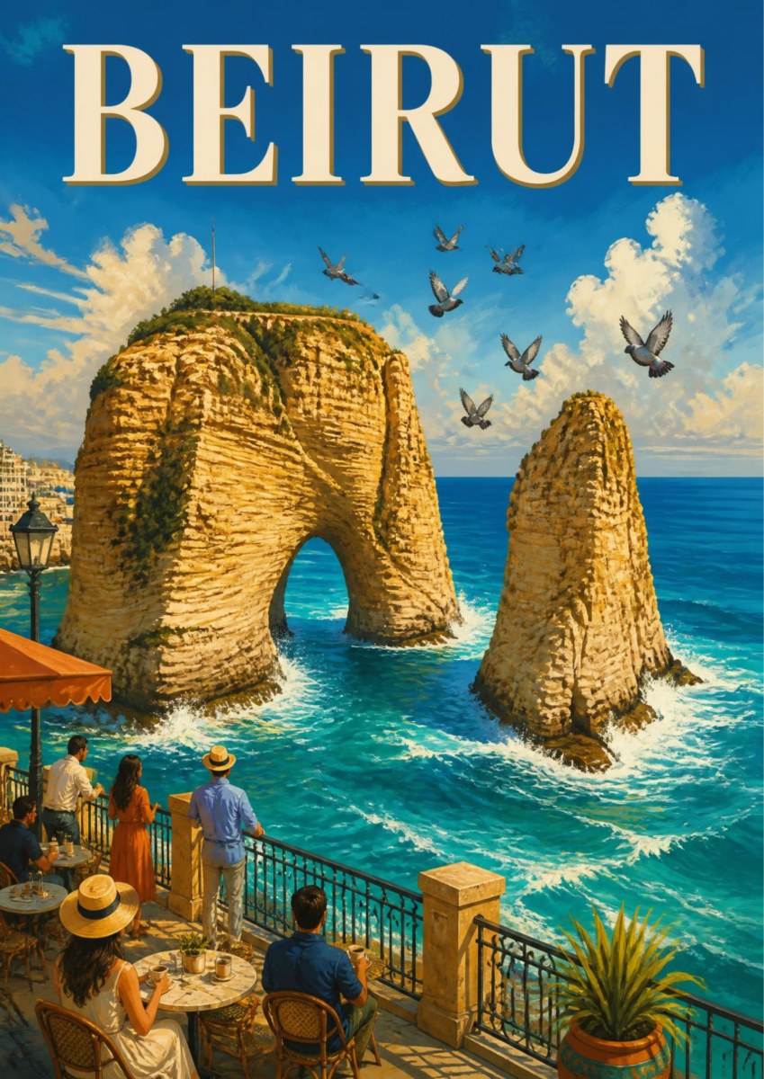 Cafe Raouche — Beirut art print: daylight illustration of the Pigeon Rocks in turquoise water seen from a busy corniche cafe terrace, with seated visitors, potted plants and gulls in a bright cloudy sky