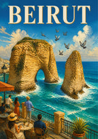Cafe Raouche — Beirut art print: daylight illustration of the Pigeon Rocks in turquoise water seen from a busy corniche cafe terrace, with seated visitors, potted plants and gulls in a bright cloudy sky