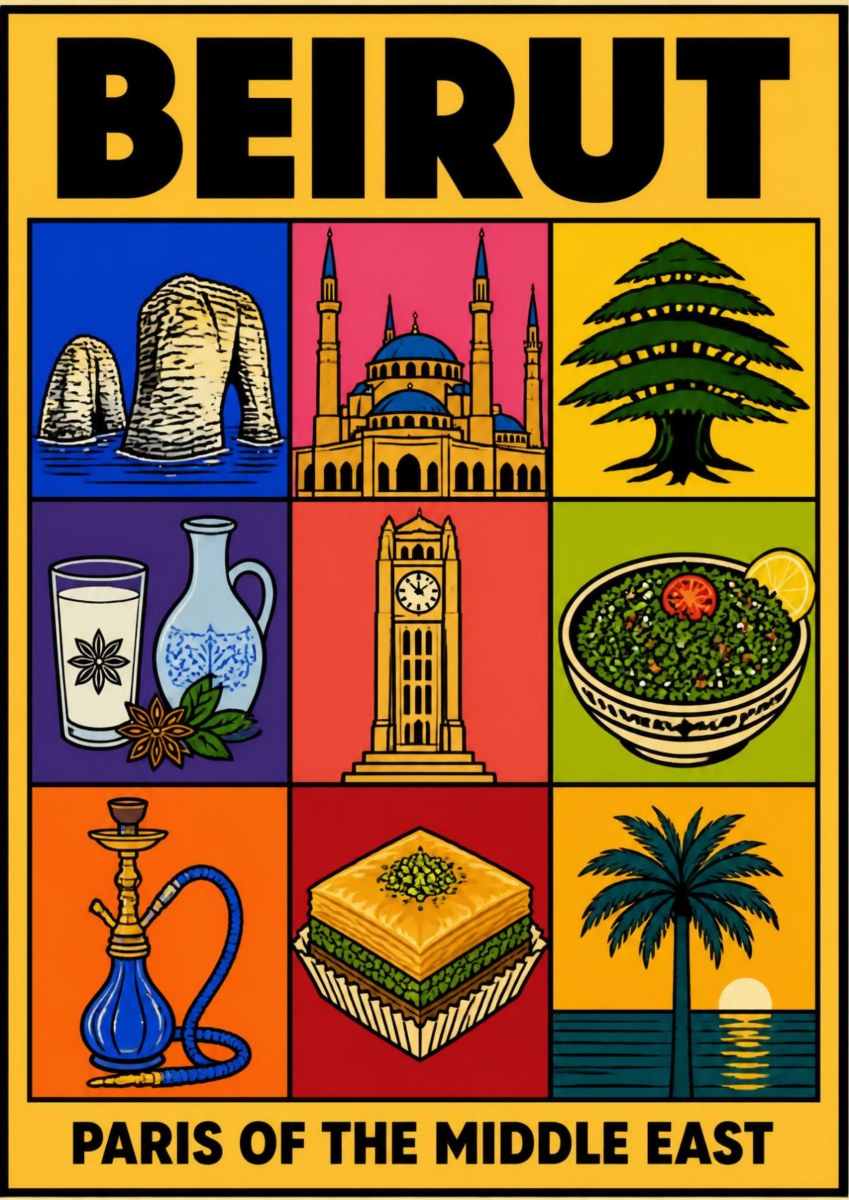 Mezze & Mosaics — Beirut art print: yellow poster with a nine-panel grid of flat colour icons: Pigeon Rocks, the blue mosque, a cedar tree, arak and mezze, the clock tower, tabbouleh, a shisha pipe, baklava and a palm at sunset