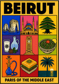 Mezze & Mosaics — Beirut art print: yellow poster with a nine-panel grid of flat colour icons: Pigeon Rocks, the blue mosque, a cedar tree, arak and mezze, the clock tower, tabbouleh, a shisha pipe, baklava and a palm at sunset