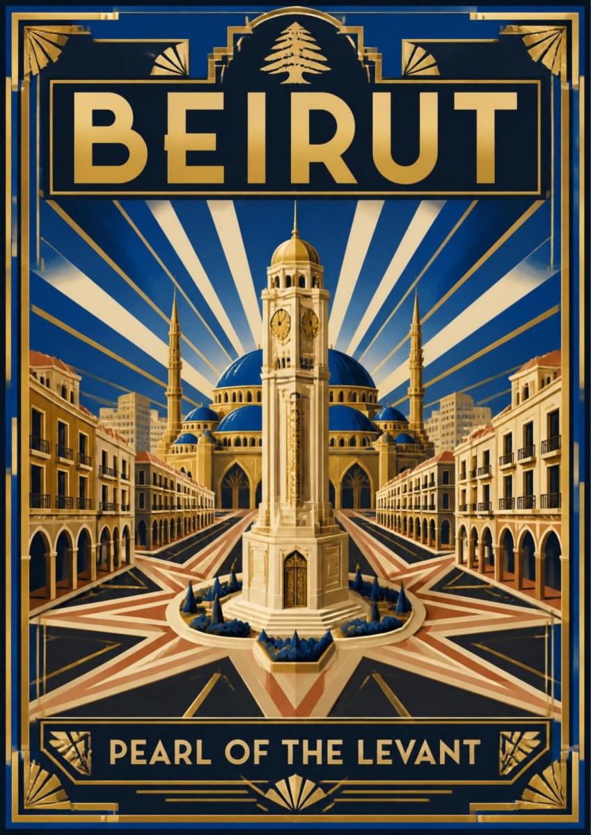 Sahet el Nejmeh — Beirut art print: art deco poster of the Mohammad Al-Amin Mosque's blue domes and the golden clock tower on a star-shaped plaza, with sunburst rays on a deep navy ground