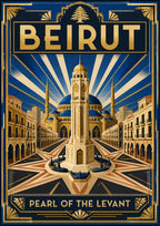 Sahet el Nejmeh — Beirut art print: art deco poster of the Mohammad Al-Amin Mosque's blue domes and the golden clock tower on a star-shaped plaza, with sunburst rays on a deep navy ground