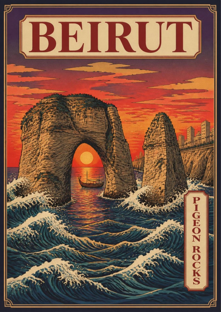 Sakhrat al Rawshe — Beirut art print: woodblock-style poster of the Raouche Pigeon Rocks arch at sunset, with a small boat framed in the arch, a red-orange sky and stylised breaking waves