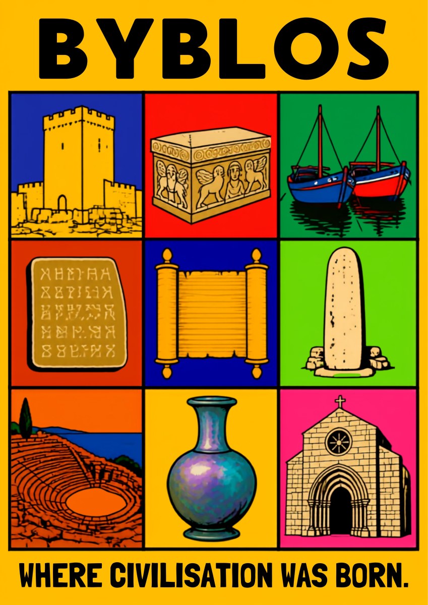 Cradle of the Alphabet — Byblos art print: a pop-art nine-panel grid on a yellow ground in bold flat colour showing a castle keep, carved sarcophagus, fishing boats, an inscribed alphabet tablet, a scroll, an obelisk, a Roman theatre, an iridescent glass vase and a stone church, under the line 'where civilisation was born'
