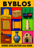Cradle of the Alphabet — Byblos art print: a pop-art nine-panel grid on a yellow ground in bold flat colour showing a castle keep, carved sarcophagus, fishing boats, an inscribed alphabet tablet, a scroll, an obelisk, a Roman theatre, an iridescent glass vase and a stone church, under the line 'where civilisation was born'