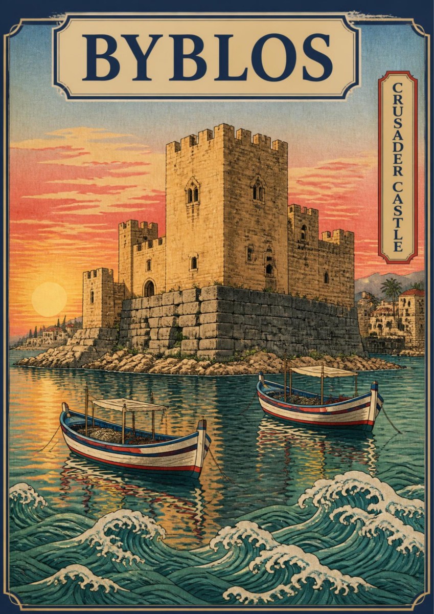 Crusader Castle — Byblos art print: a woodblock-style poster of the stone Crusader castle on the shoreline at sunrise, with a pale pink and blue sky, small fishing boats on green-blue water and a stylised curling wave in the foreground