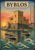 Crusader Castle — Byblos art print: a woodblock-style poster of the stone Crusader castle on the shoreline at sunrise, with a pale pink and blue sky, small fishing boats on green-blue water and a stylised curling wave in the foreground