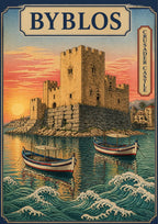 Crusader Castle — Byblos art print: a woodblock-style poster of the stone Crusader castle on the shoreline at sunrise, with a pale pink and blue sky, small fishing boats on green-blue water and a stylised curling wave in the foreground
