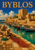 Fishermen's Quay — Byblos art print: a painterly poster of two fishermen mending red nets on the stone quay, with moored blue and red boats, turquoise water and the golden ramparts and castle tower of the old town behind them
