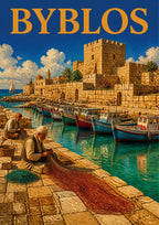 Fishermen's Quay — Byblos art print: a painterly poster of two fishermen mending red nets on the stone quay, with moored blue and red boats, turquoise water and the golden ramparts and castle tower of the old town behind them