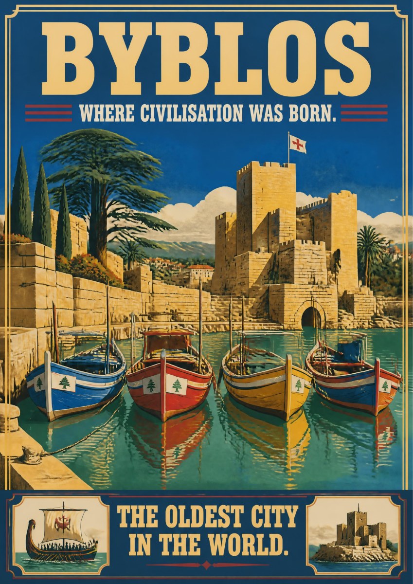 Jbeil Harbour — Byblos art print: a classic travel poster of Byblos harbour with a row of brightly painted wooden fishing boats on calm blue water, the sandstone Crusader castle and cedar trees above, and banner text reading 'the oldest city in the world'