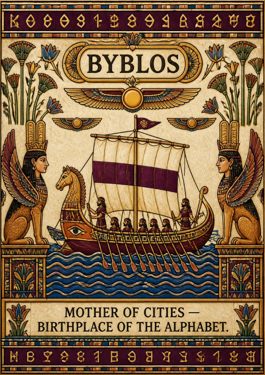 Mother of Cities — Byblos art print: an Egyptian-influenced decorative poster with papyrus and lotus borders, winged sphinxes flanking a Phoenician oared ship under a purple-striped sail, and text reading 'mother of cities - birthplace of the alphabet'