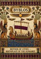 Mother of Cities — Byblos art print: an Egyptian-influenced decorative poster with papyrus and lotus borders, winged sphinxes flanking a Phoenician oared ship under a purple-striped sail, and text reading 'mother of cities - birthplace of the alphabet'