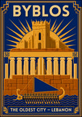 Phoenician Sail — Byblos art print: an art deco poster in navy and gold showing a colonnaded temple beneath a domed sunburst, with a Phoenician trading ship and its blue triangular sail crossing stylised waves below the line 'the oldest city - Lebanon'