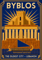 Phoenician Sail — Byblos art print: an art deco poster in navy and gold showing a colonnaded temple beneath a domed sunburst, with a Phoenician trading ship and its blue triangular sail crossing stylised waves below the line 'the oldest city - Lebanon'