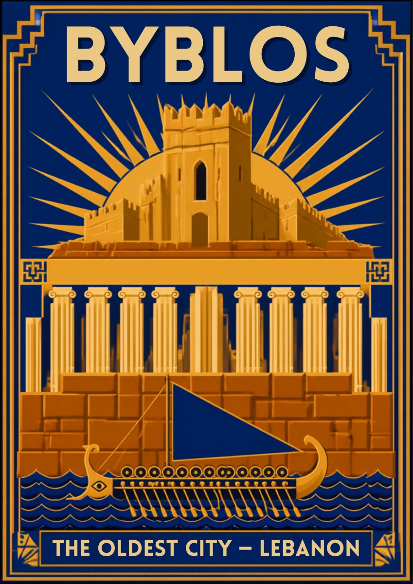 Phoenician Sail — Byblos art print: an art deco poster in navy and gold showing a colonnaded temple beneath a domed sunburst, with a Phoenician trading ship and its blue triangular sail crossing stylised waves below the line 'the oldest city - Lebanon'
