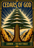 Golden Cedar — Cedars of God art print: an art deco poster of a single symmetrical cedar tree in dark green and gold, its layered branches radiating sunbeams over stylised terraced mountains on a navy ground