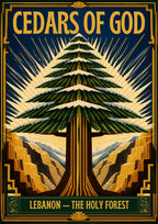 Golden Cedar — Cedars of God art print: an art deco poster of a single symmetrical cedar tree in dark green and gold, its layered branches radiating sunbeams over stylised terraced mountains on a navy ground