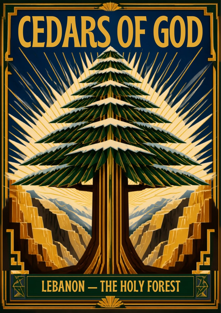 Golden Cedar — Cedars of God art print: an art deco poster of a single symmetrical cedar tree in dark green and gold, its layered branches radiating sunbeams over stylised terraced mountains on a navy ground