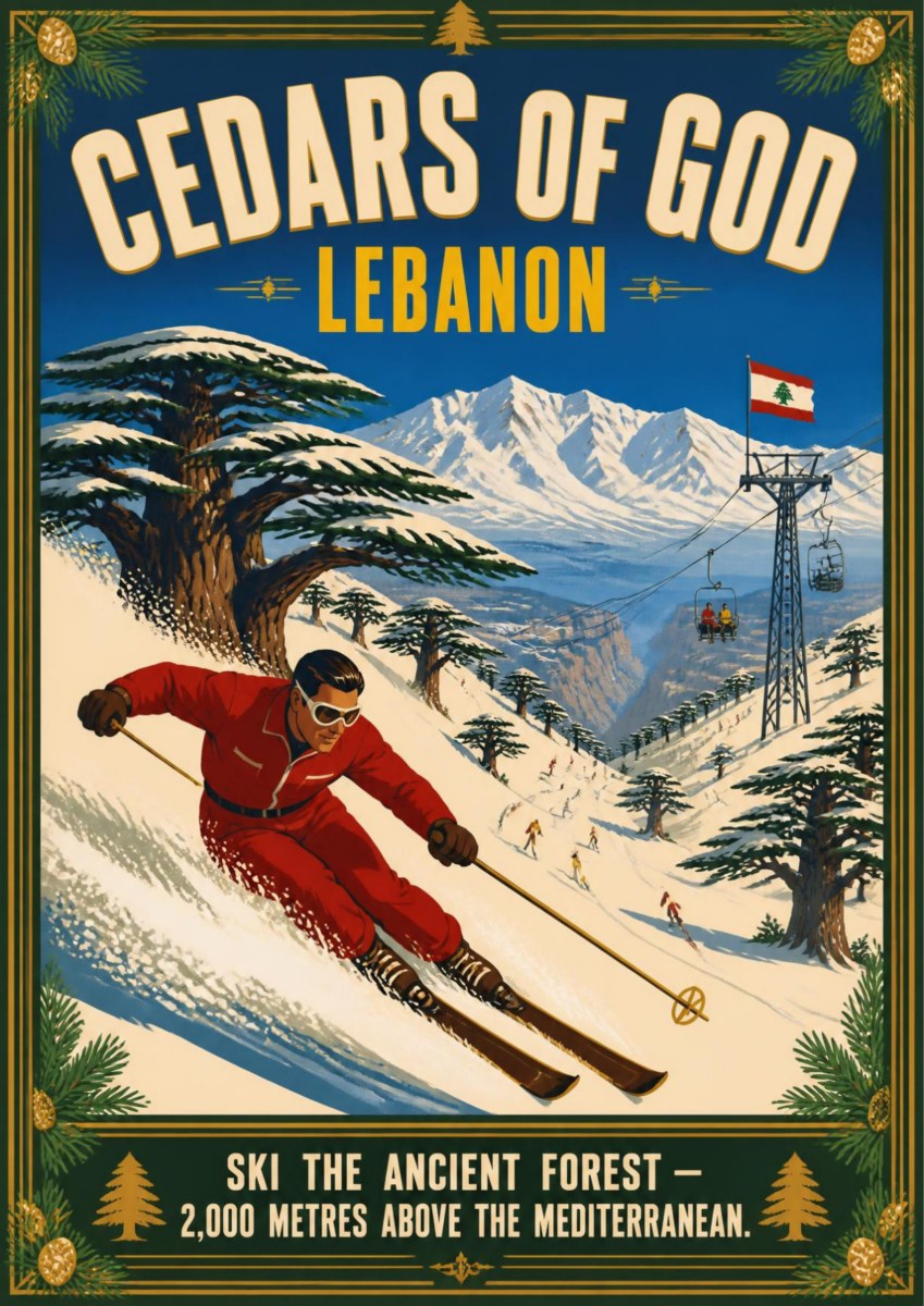 Ski the Holy Forest — Cedars of God art print: a retro ski poster showing a skier in a red suit carving through snow beside snow-laden cedars, with a chairlift flying the Lebanese flag and white mountains behind