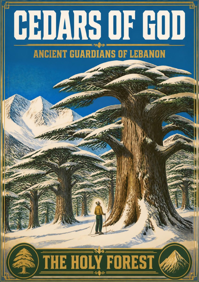 Thalj al-Arz — Cedars of God art print: a vintage poster of a snow-covered cedar grove with massive gnarled trunks and flat green canopies, a lone skier standing among them and white peaks under a blue sky, captioned The Holy Forest