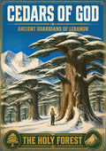 Thalj al-Arz — Cedars of God art print: a vintage poster of a snow-covered cedar grove with massive gnarled trunks and flat green canopies, a lone skier standing among them and white peaks under a blue sky, captioned The Holy Forest