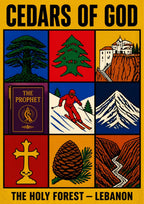 The Holy Nine — Cedars of God art print: a nine-panel icon grid on a mustard yellow ground showing a cedar tree, the Lebanese cedar emblem, a cliff monastery, a copy of The Prophet, a red-suited skier, snowy peaks, a gold cross, a cedar cone and a winding valley road