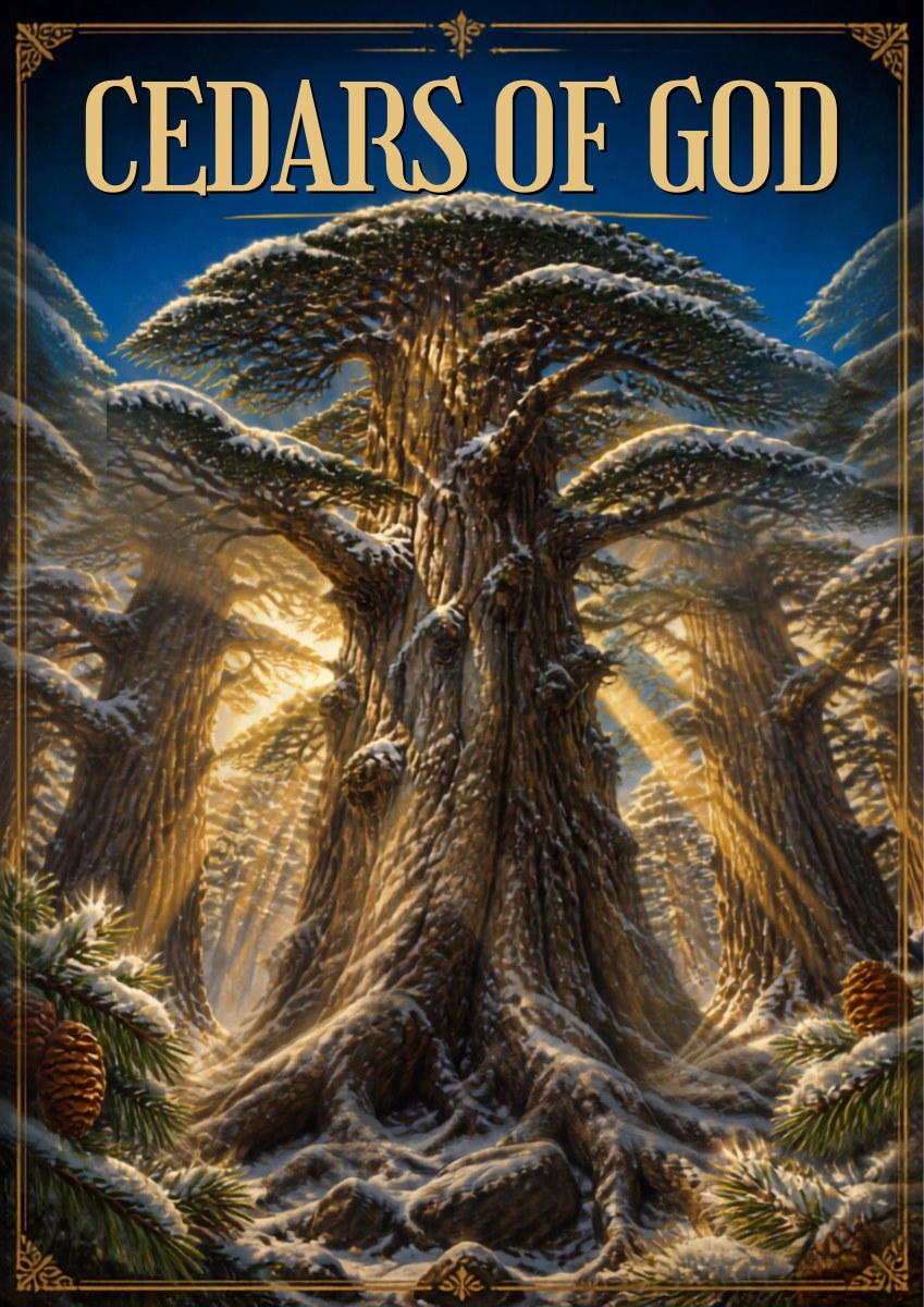Thousand Winters — Cedars of God art print: a richly detailed painting of ancient cedar trunks with twisted roots and snow-dusted branches, golden light streaming through the canopy and pine cones scattered in the foreground