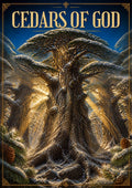 Thousand Winters — Cedars of God art print: a richly detailed painting of ancient cedar trunks with twisted roots and snow-dusted branches, golden light streaming through the canopy and pine cones scattered in the foreground
