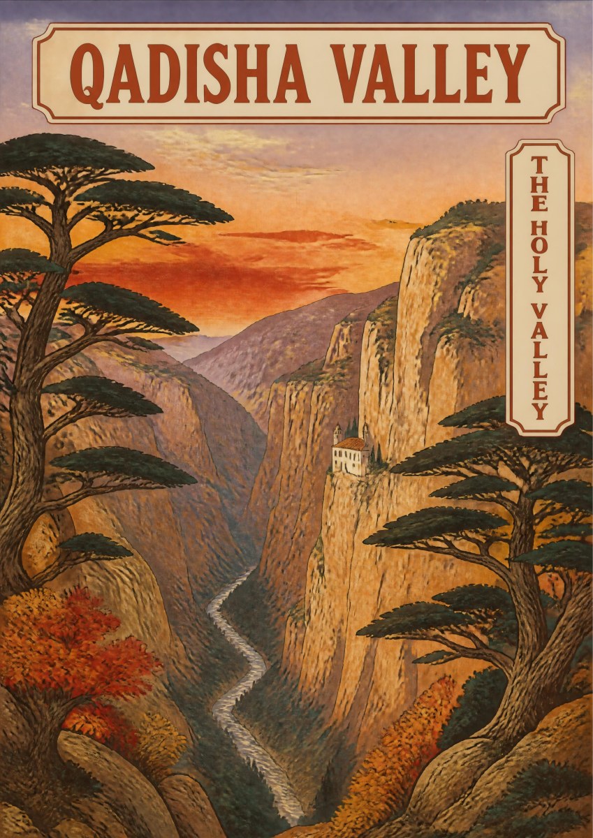 Wadi Qadisha — Cedars of God art print: a painted view of the Qadisha Valley gorge at sunset, with ochre limestone cliffs, a cliffside monastery, a river winding through the base and dark cedars framing the scene
