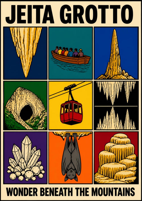 Ajaib al-Kahf — Jeita Grotto art print: bold pop-art grid of nine coloured panels on cream showing stalactites, a tourist boat, a limestone peak, the cave mouth, a red cable car, crystals, a hanging bat and flowstone formations