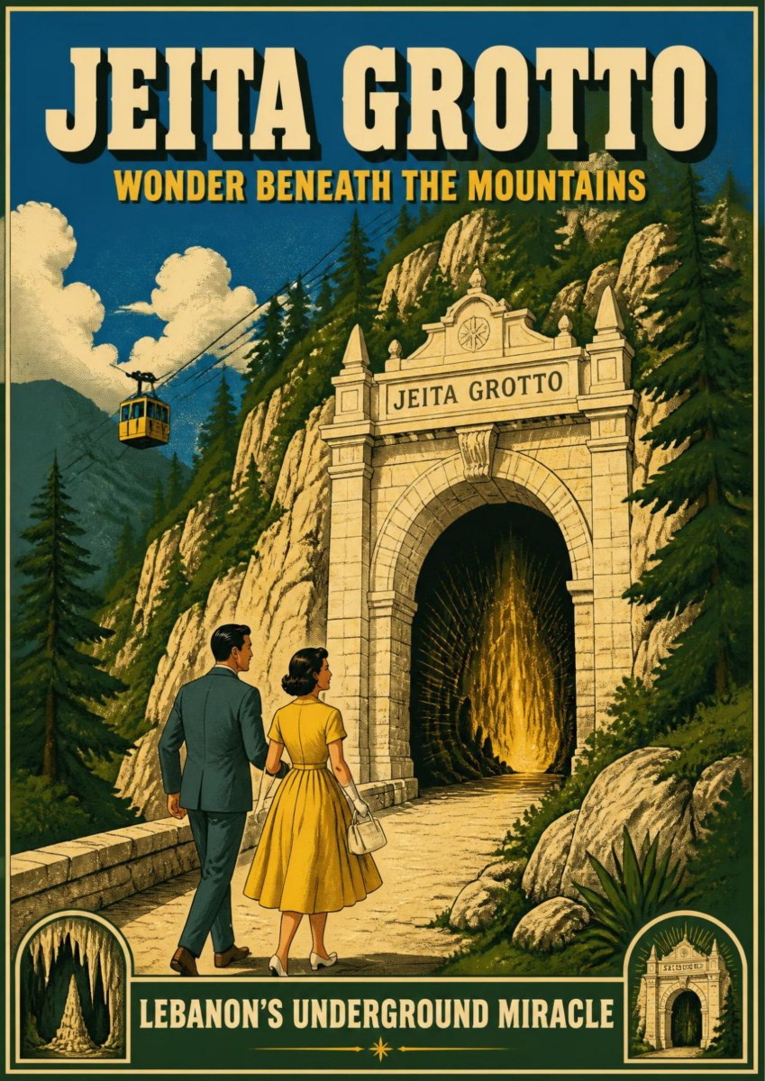 Bab al-Maghara — Jeita Grotto art print: retro poster of a 1950s couple walking towards the stone-arched grotto entrance set in a forested mountainside, a red cable car overhead, with small stalactite emblems in the corners