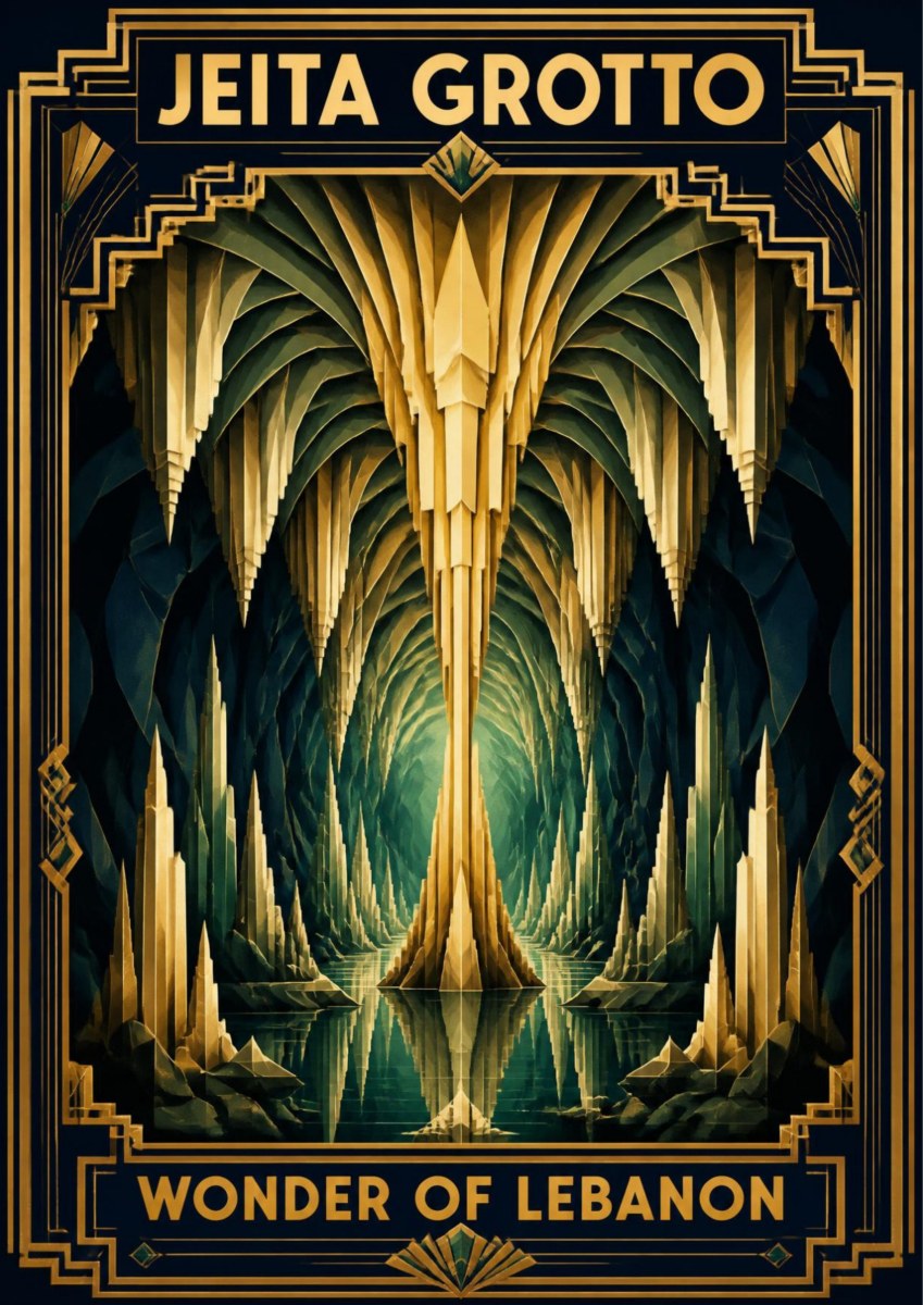 Cathedral of Stone — Jeita Grotto art print: symmetrical art deco composition of towering pale gold and green limestone columns and draperies mirrored in still water, framed in gold, captioned WONDER OF LEBANON